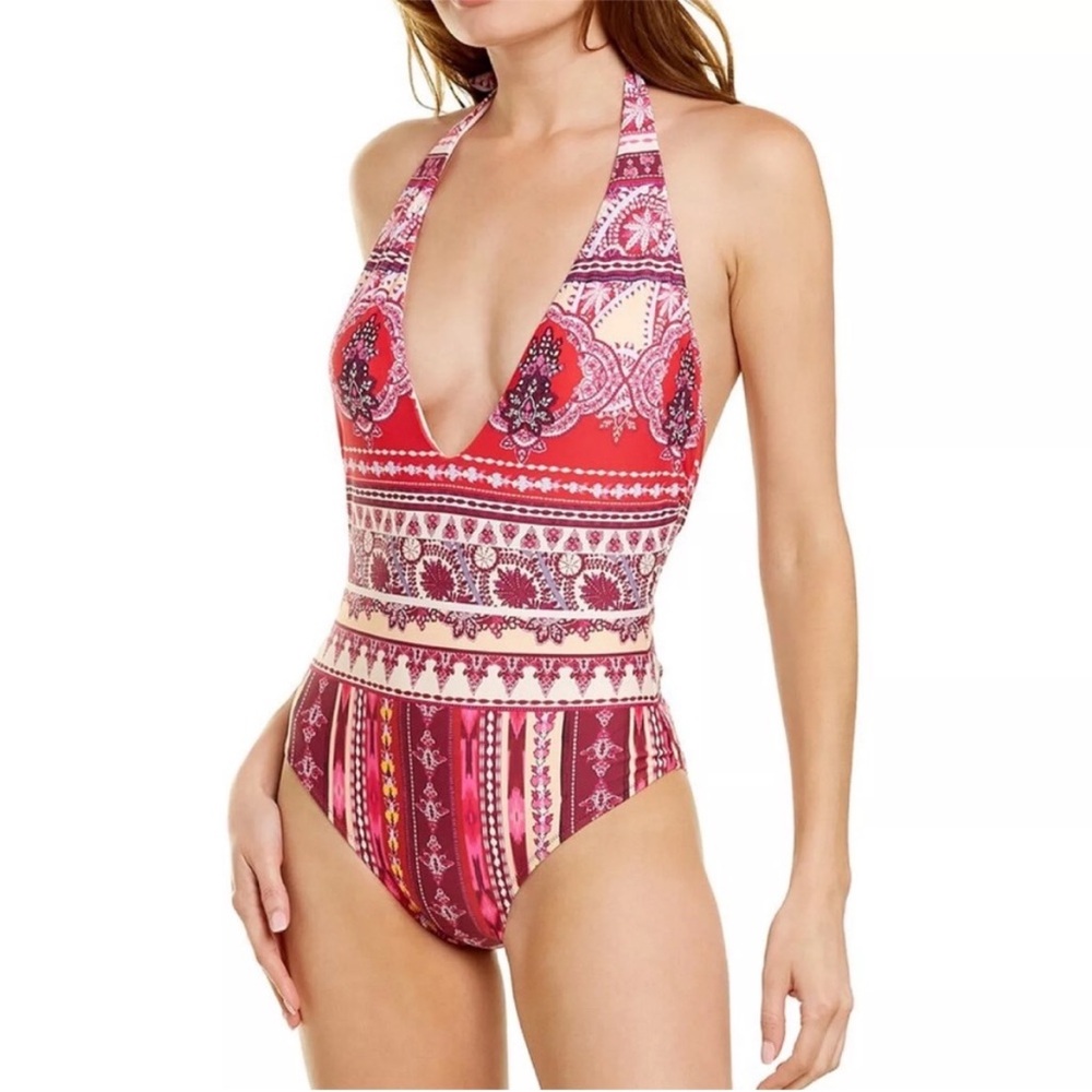 Nanette Lepore Batik One Piece Halter Plunge Swimsuit Red Purple NWT Size 12